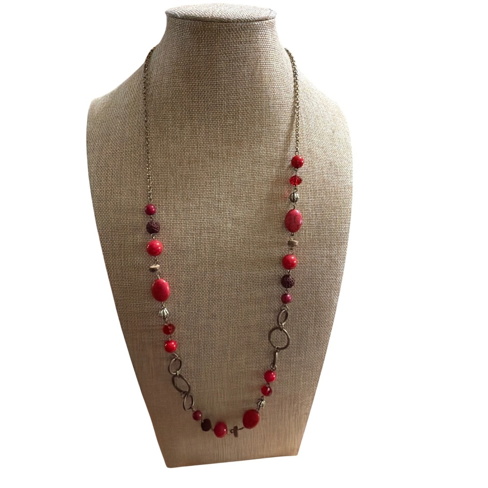 Red Beaded Long Station Necklace Brass Tone Chain Mixed Media Boho Style